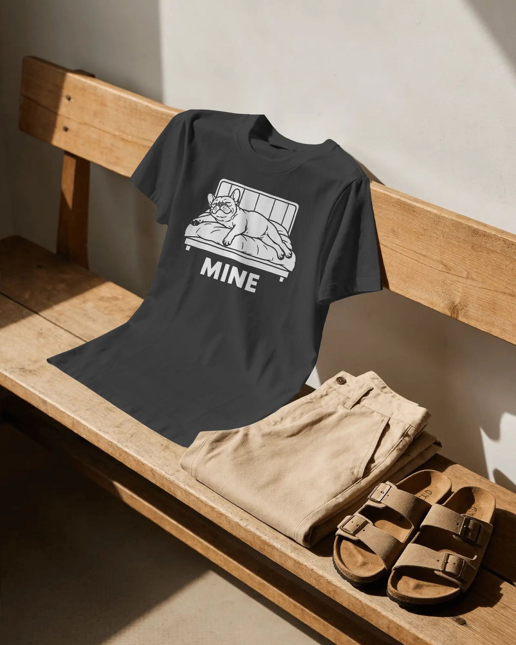 Mine. Bed-Stealing French Bulldog T-Shirt | Funny Frenchie Owner Gift | Heavyweight UK-Made Cotton Tee