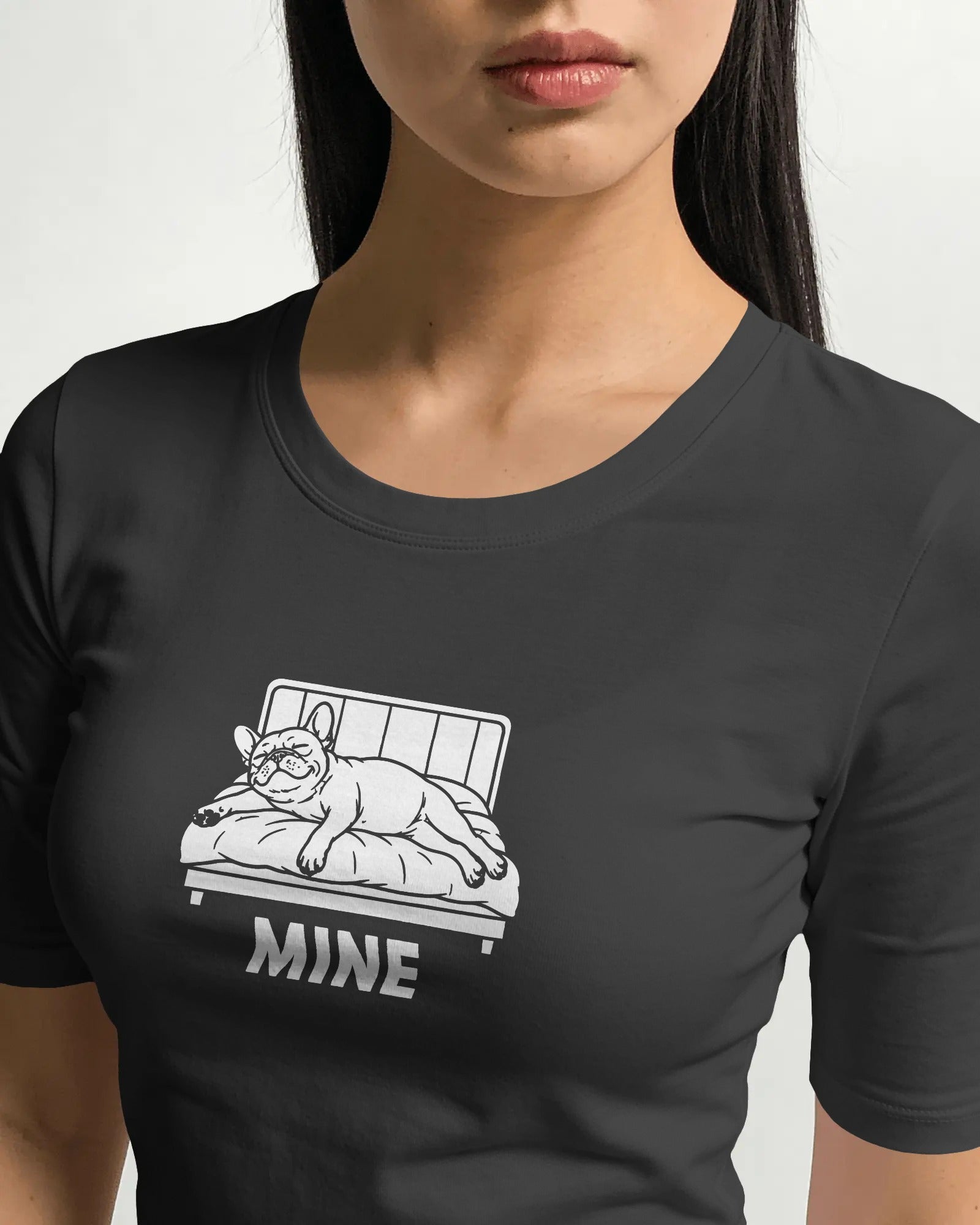 Mine. Bed-Stealing French Bulldog T-Shirt | Funny Frenchie Owner Gift | Heavyweight UK-Made Cotton Tee