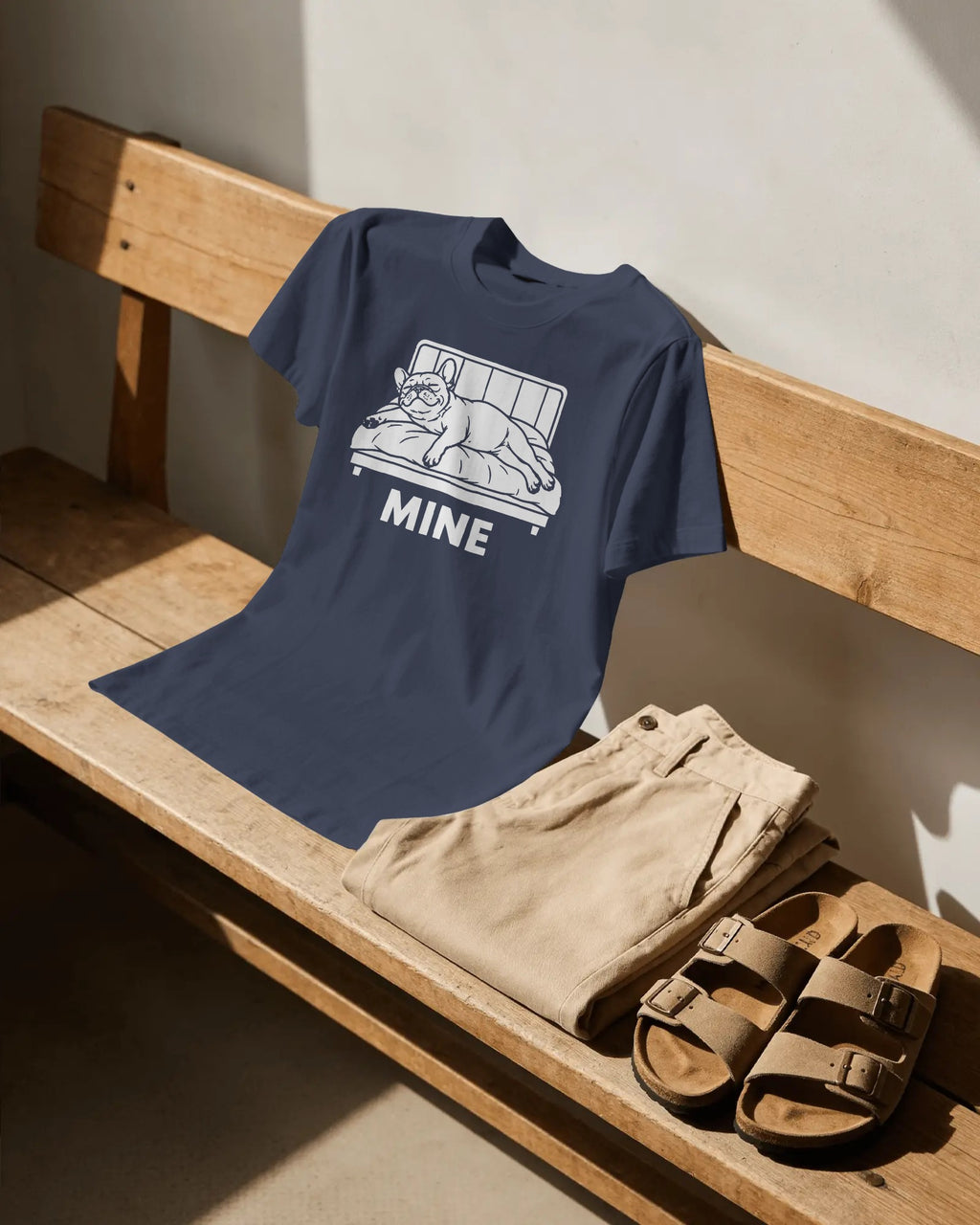 Mine. Bed-Stealing French Bulldog T-Shirt | Funny Frenchie Owner Gift | Heavyweight UK-Made Cotton Tee