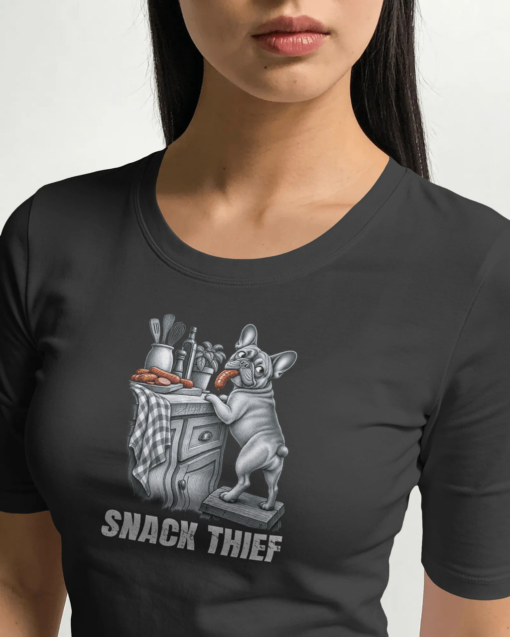 Snack Thief French Bulldog T-Shirt | Funny Frenchie Food Stealer Gift | UK-Made Heavyweight Cotton Tee