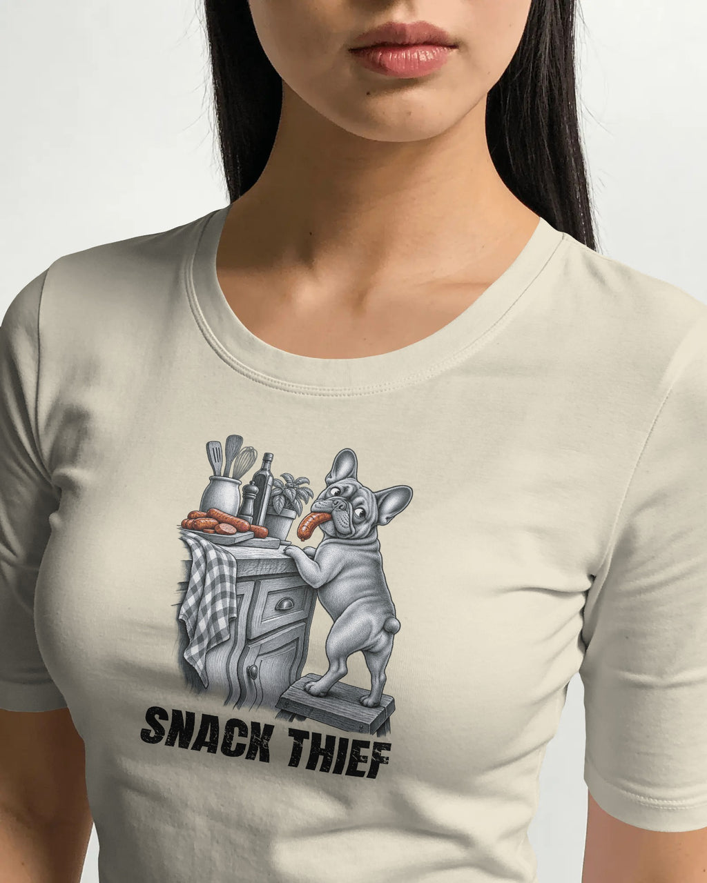 Snack Thief French Bulldog T-Shirt | Funny Frenchie Food Stealer Gift | UK-Made Heavyweight Cotton Tee
