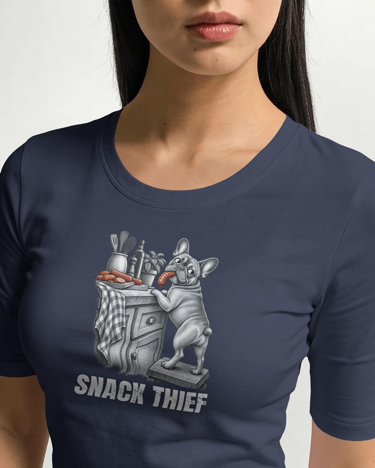 Snack Thief French Bulldog T-Shirt | Funny Frenchie Food Stealer Gift | UK-Made Heavyweight Cotton Tee
