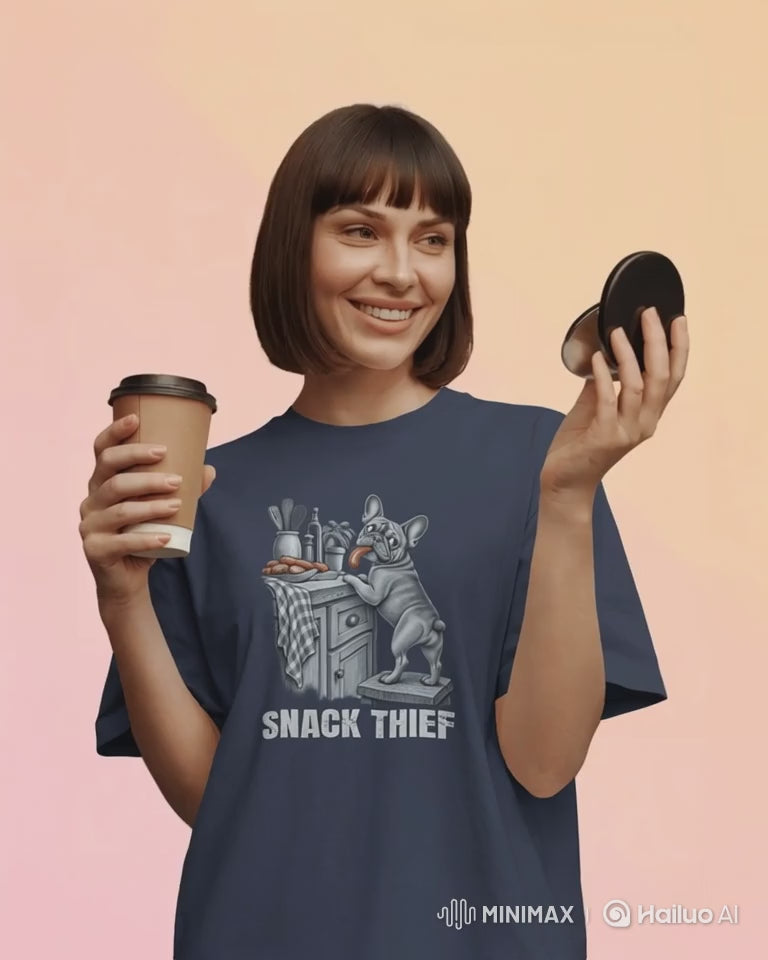 Snack Thief French Bulldog T-Shirt | Funny Frenchie Food Stealer Gift | UK-Made Heavyweight Cotton Tee