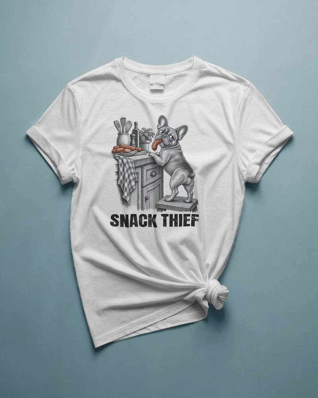 Snack Thief French Bulldog T-Shirt | Funny Frenchie Food Stealer Gift | UK-Made Heavyweight Cotton Tee