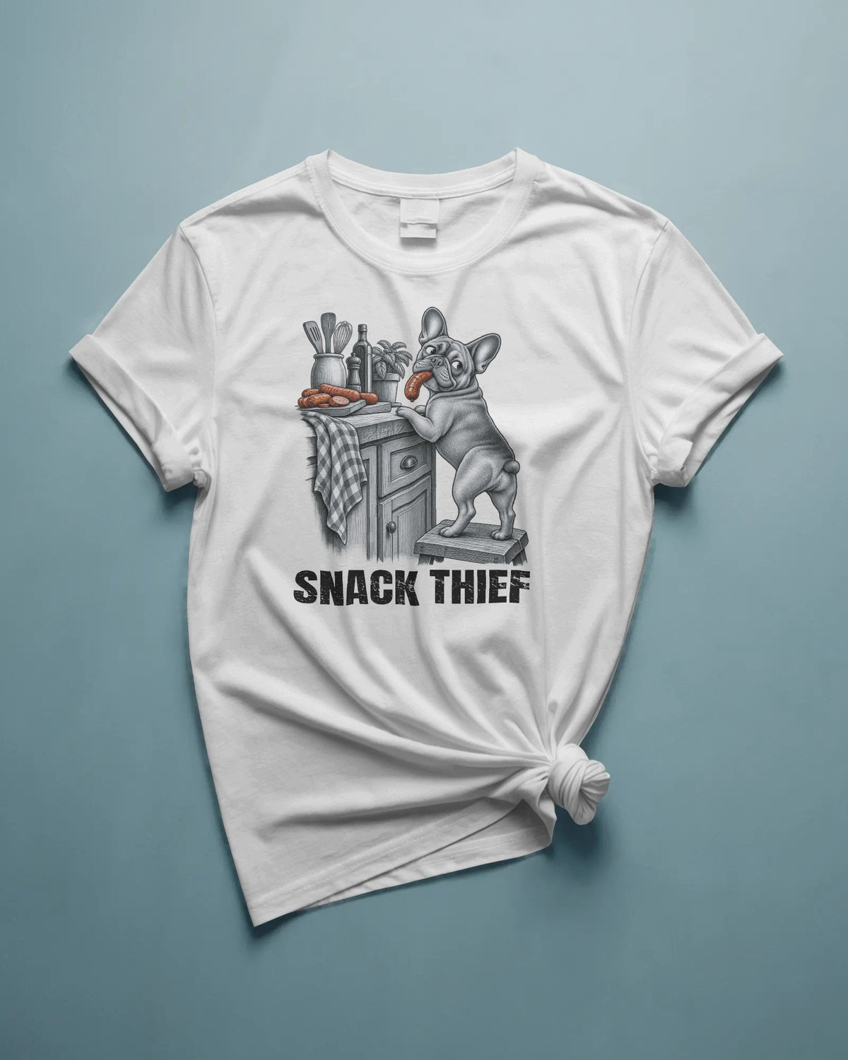 Snack Thief French Bulldog T-Shirt | Funny Frenchie Food Stealer Gift | UK-Made Heavyweight Cotton Tee