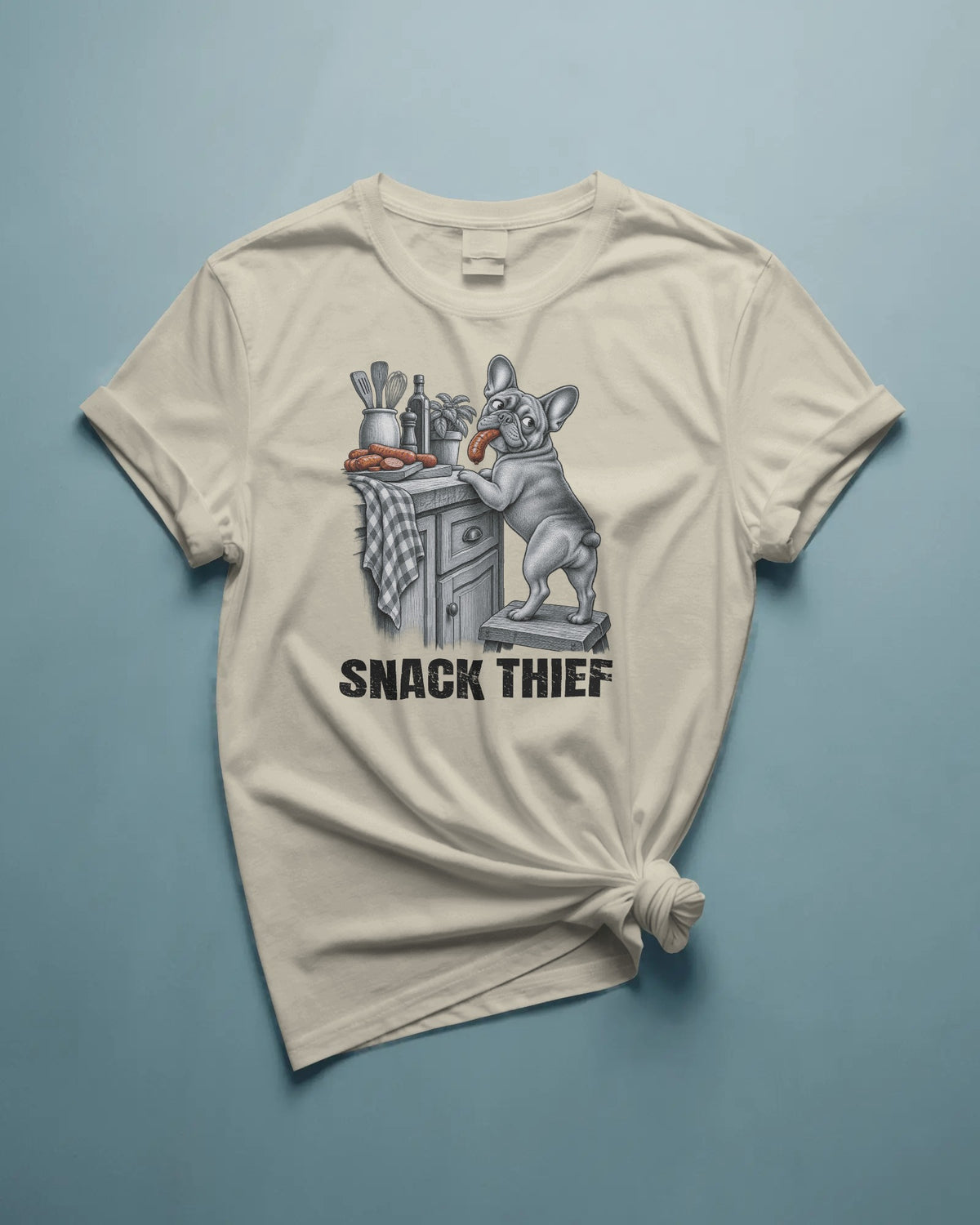 Snack Thief French Bulldog T-Shirt | Funny Frenchie Food Stealer Gift | UK-Made Heavyweight Cotton Tee