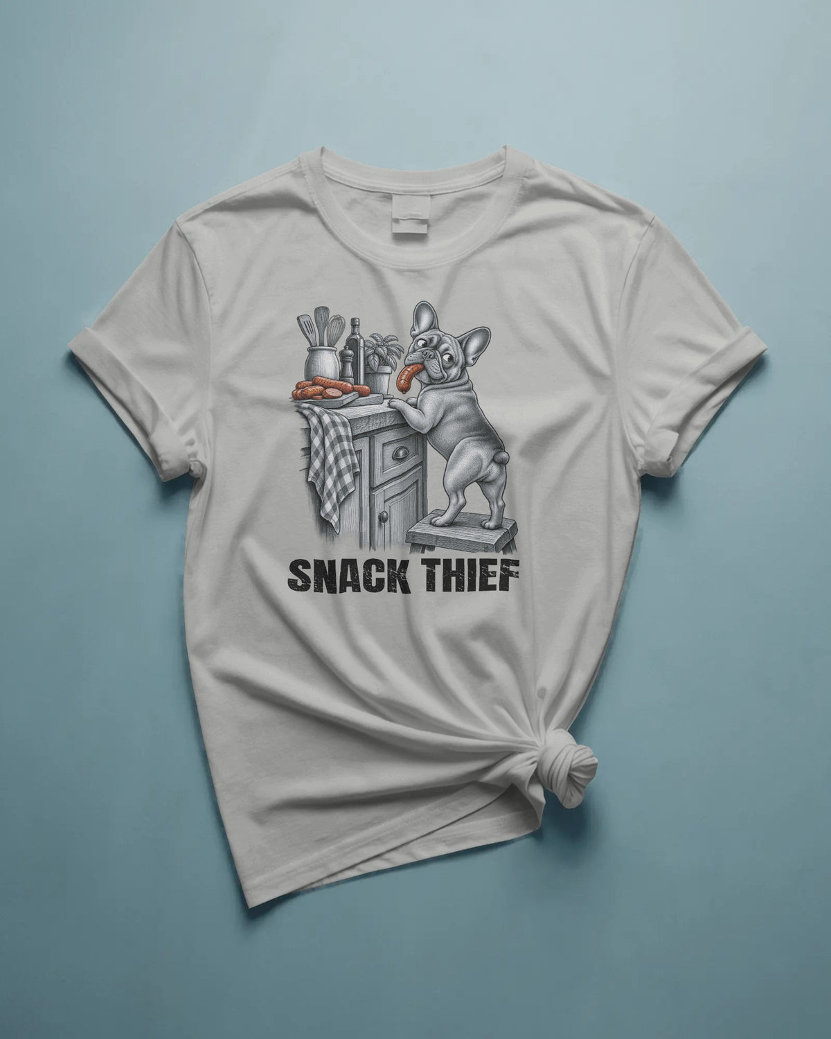 Snack Thief French Bulldog T-Shirt | Funny Frenchie Food Stealer Gift | UK-Made Heavyweight Cotton Tee