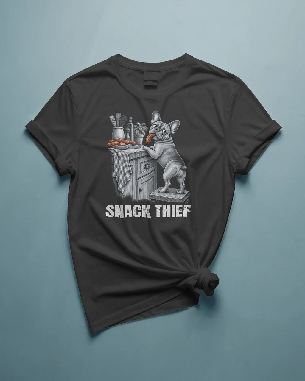 Snack Thief French Bulldog T-Shirt | Funny Frenchie Food Stealer Gift | UK-Made Heavyweight Cotton Tee