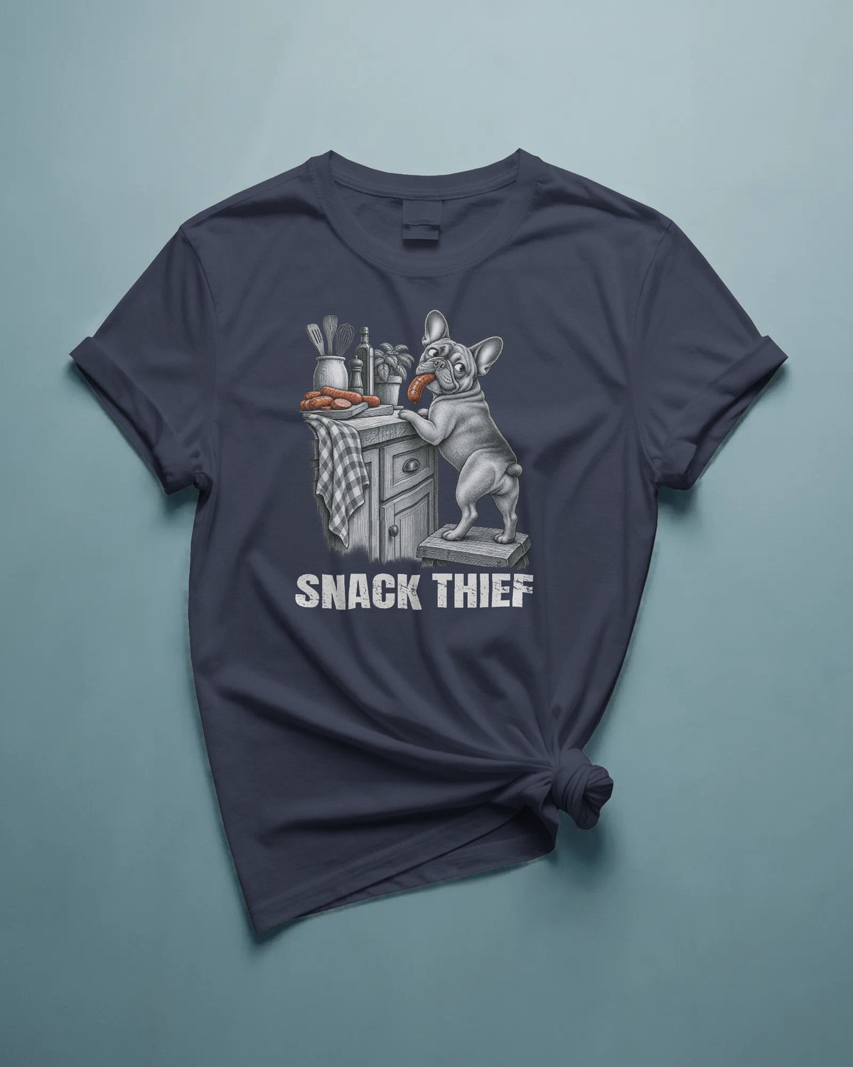 Snack Thief French Bulldog T-Shirt | Funny Frenchie Food Stealer Gift | UK-Made Heavyweight Cotton Tee